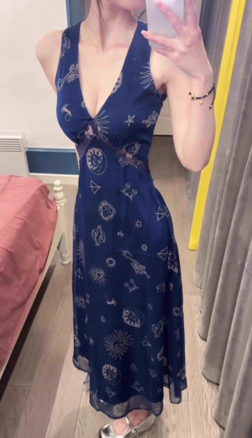 Retro blue v-neck floral halter dress beautiful waist a-line long skirt R0794