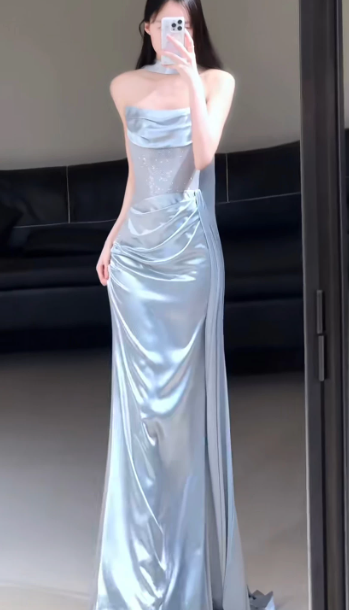Silky Pale Blue Prom Dress ,Mermaid Strapless Bodycon Maxi Evening Dress RS1006