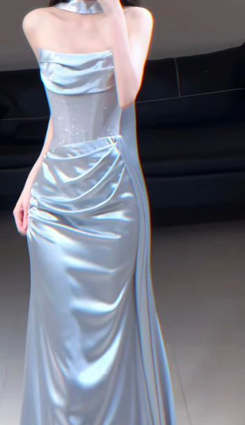 Silky Pale Blue Prom Dress ,Mermaid Strapless Bodycon Maxi Evening Dress RS1006