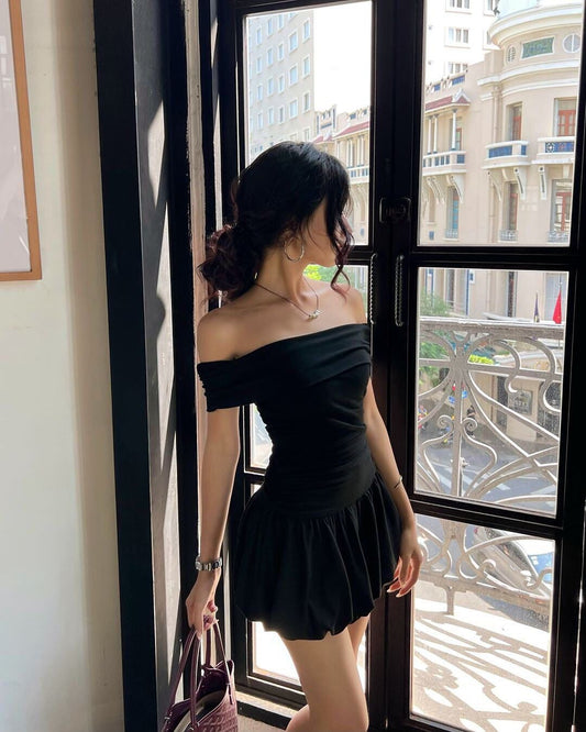Black one-shoulder slim waist A-line short skirt homecoming dress R3546