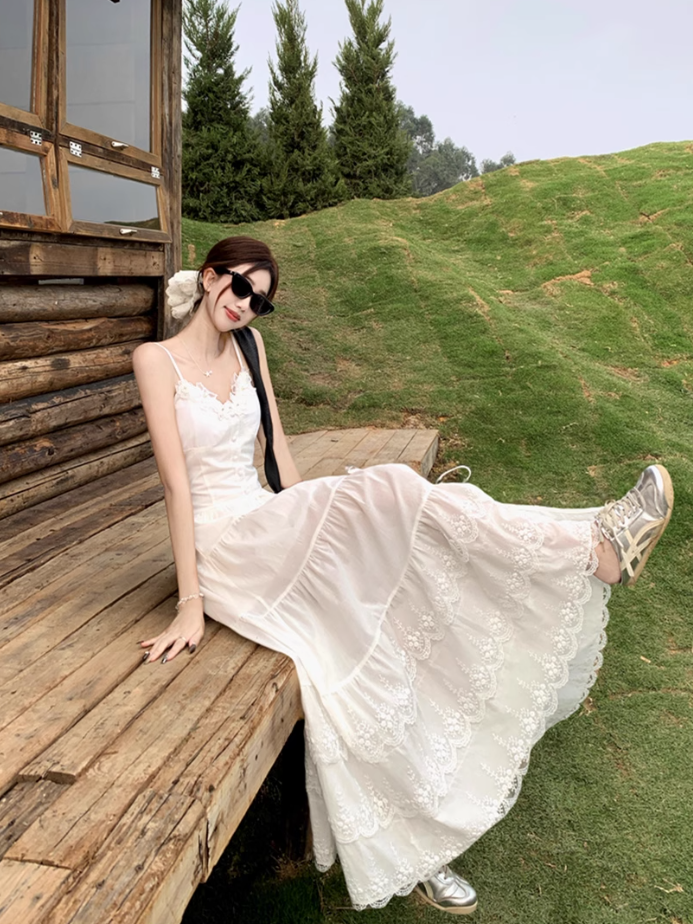 Fairy white Dingdal skirt waist skirt lace splicing slit suspender dress R1755