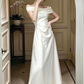 Minimalist White Prom Dress ,A-Line Bateau Satin Corset Maxi Evening Dress RS1007