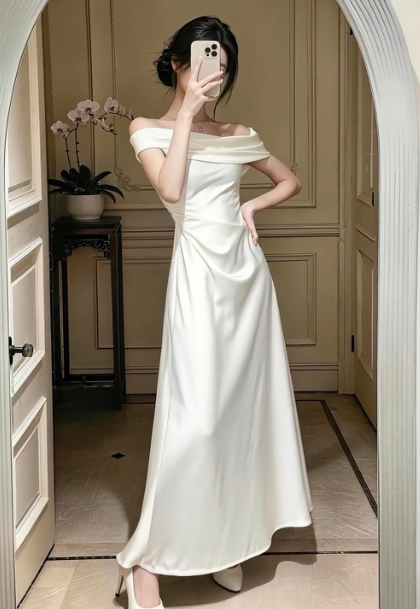 Minimalist White Prom Dress ,A-Line Bateau Satin Corset Maxi Evening Dress RS1007
