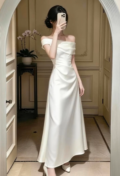 Minimalist White Prom Dress ,A-Line Bateau Satin Corset Maxi Evening Dress RS1007