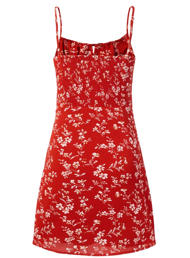 2025 Summer New Red Floral Waisted Seaside Vacation Short Suspender Dress R0950