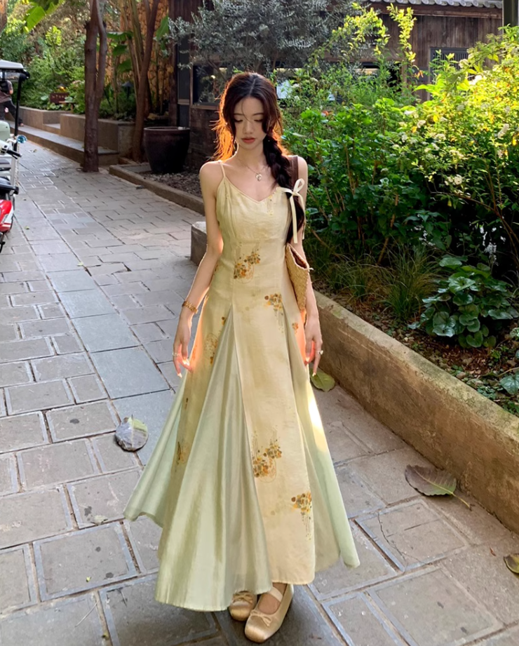 Printed suspender dress Chinese style women's clothing small size big swing v-neck long dress R1708