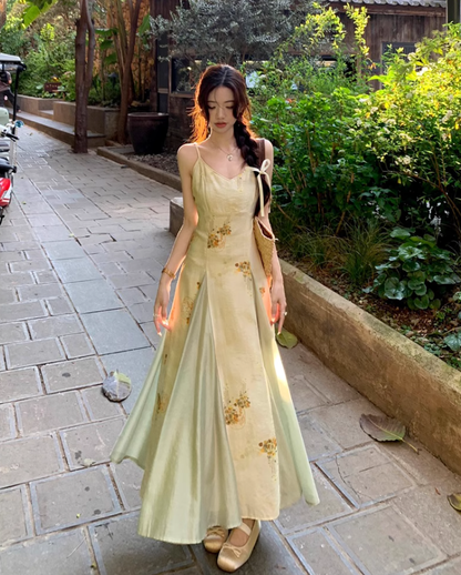 Printed suspender dress Chinese style women's clothing small size big swing v-neck long dress R1708