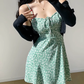 French retro pastoral style fresh green bottom small floral suspender dress short skirt R2825