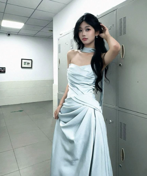Minimalist Pale Blue Prom Dress ,A-Line Strapless Satin Corset Maxi Evening Dress RS1008