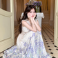 V-neck small flying sleeves printed hollow waist dress women's summer French temperament skirt R4618