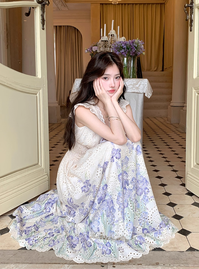 V-neck small flying sleeves printed hollow waist dress women's summer French temperament skirt R4618