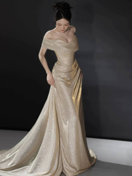 Elegant Golden Prom Dress ,A-Line Portrait Corset Maxi Glitter Evening Dress RS1009