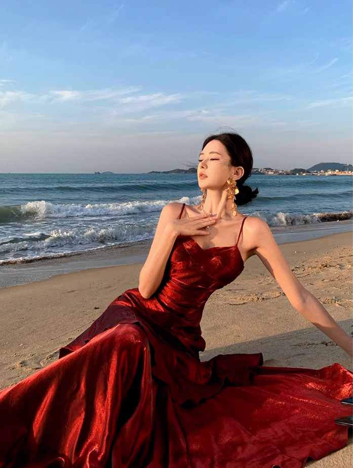 Fairy mermaid dress ruffled high-grade temperament red dress R1716