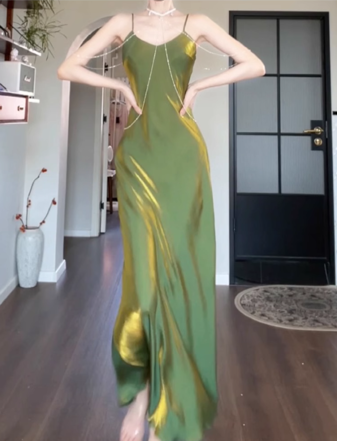 French high-end V-neck green drape dress plus size temperament banquet dress R1822
