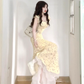Tea break French yellow floral dress gentle temperament beautiful waist slim hip skirt R0449