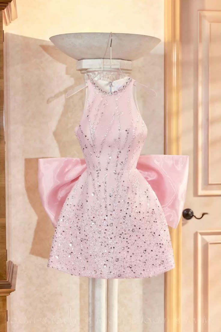 Pink sequined sleeveless slim waist A-line short skirt homecoming dress R4131
