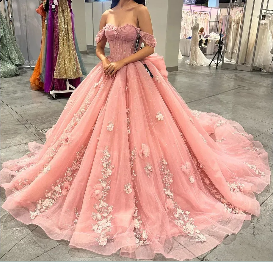 Pink Tulle Quinceanera Dresses for Sweet 16,Off-Shoulder Ball Gowns for Prom S6939