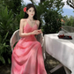 Travel wear vacation French pink white slim print chiffon suspender dress a-line skirt R1627
