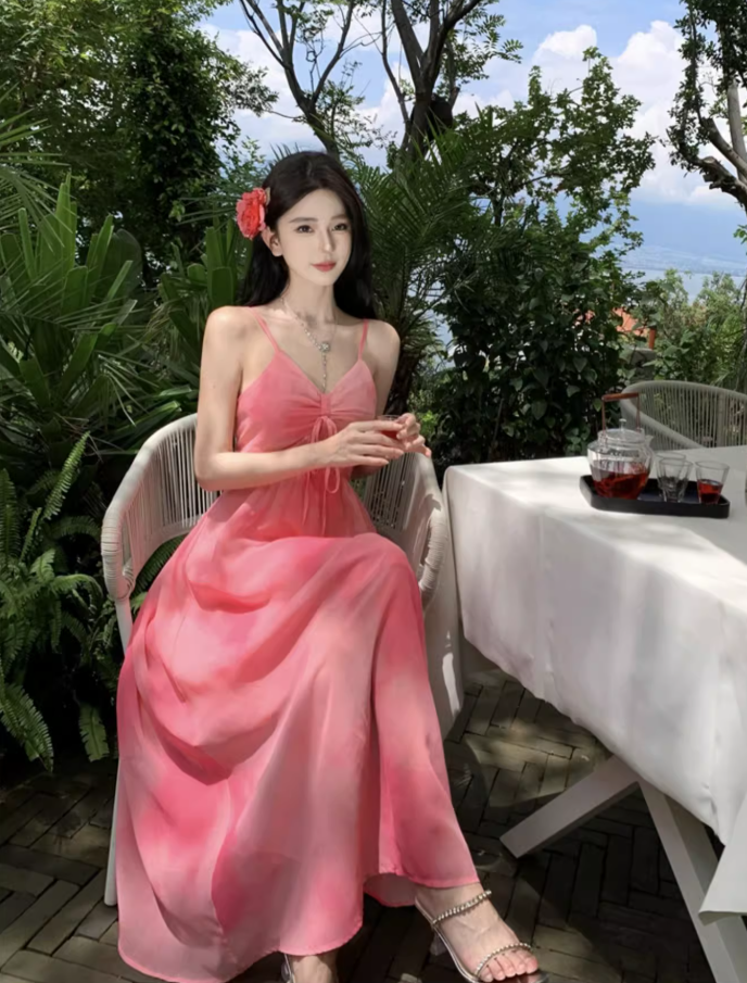 Travel wear vacation French pink white slim print chiffon suspender dress a-line skirt R1627