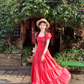 Red long square-neck cinched waist A-line dress, a French retro style dress for women's summer R4786