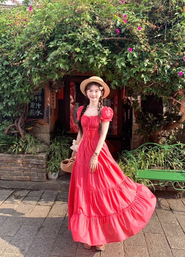 Red long square-neck cinched waist A-line dress, a French retro style dress for women's summer R4786