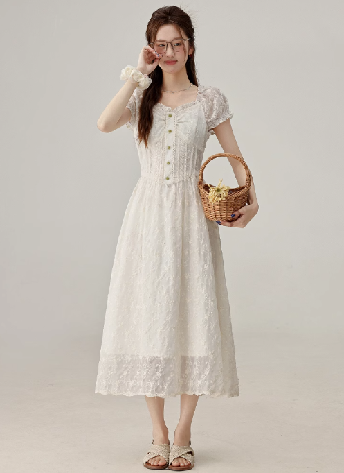 2025 summer new French high-end white dress short-sleeved skirt R1892