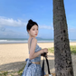 Blue and white plaid backless camisole new high waist swing skirt suit two piece set R0199