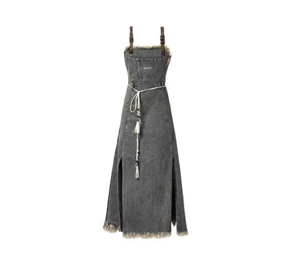 Fashion brand retro college style raw edge denim mid-length overalls all-match suspender dress R0072