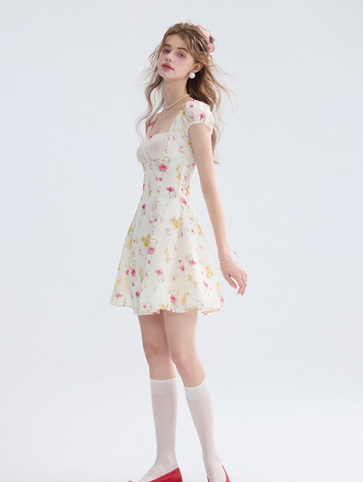 French short-sleeved dress short skirt summer petite short skirt floral princess dress female summer R3489