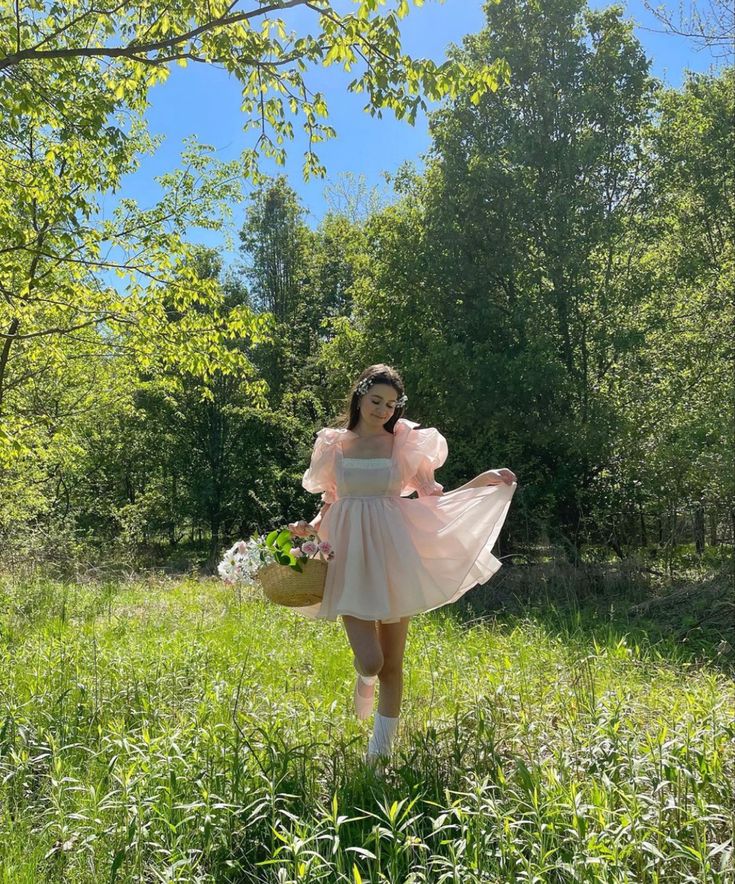 Light pink puff sleeve waist slim fit puffy princess skirt homecoming dress R3507