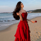 Fairy waist slimming big swing red dress holiday beach long dress tube top ruffled suspender skirt R1719