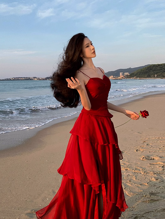 Fairy waist slimming big swing red dress holiday beach long dress tube top ruffled suspender skirt R1719