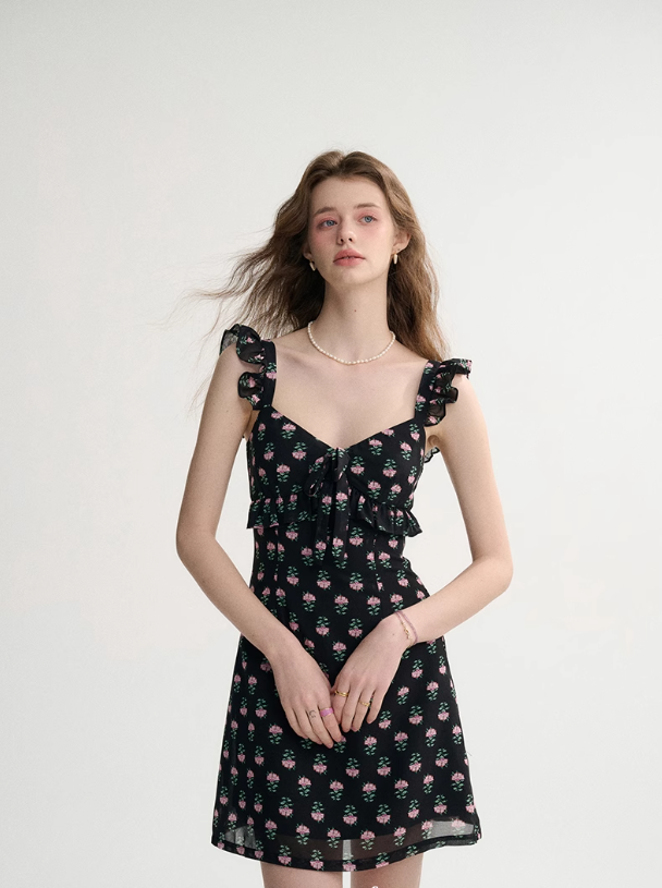 French style black skirt floral suspender skirt short dress R2696