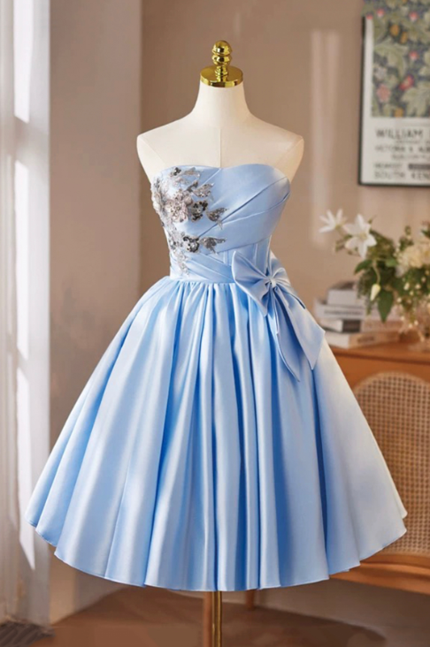 Eelgant Baby Blue Homecoming Dress ,A-Line Strapless Embroidery Corset Short Prom Dress RS808