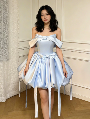 Silky Satin Bow Women's Homecoming Dress Pale Blue Corset Short Prom Dress Party Dress RS2655