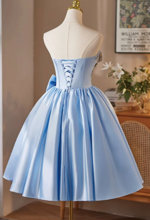 Eelgant Baby Blue Homecoming Dress ,A-Line Strapless Embroidery Corset Short Prom Dress RS808