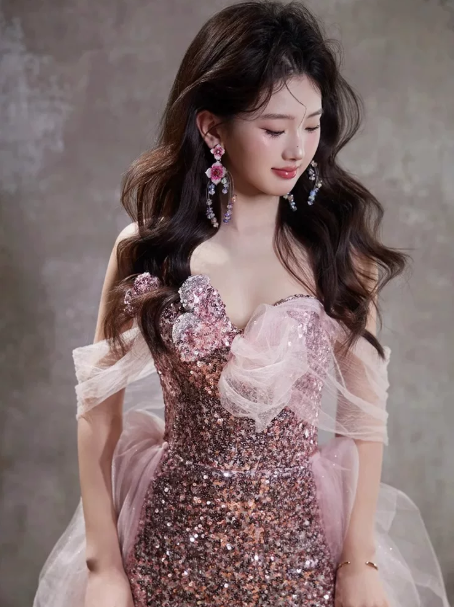 Sweet Blush Pink Prom Dress ,A-Line Sweetheart Sequins Corset Maxi Princess Dress Evening Dress RS1012
