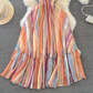 Dopamine wear rainbow stripes gradient halter neck long skirt V-neck waist A-line big swing dress R0377