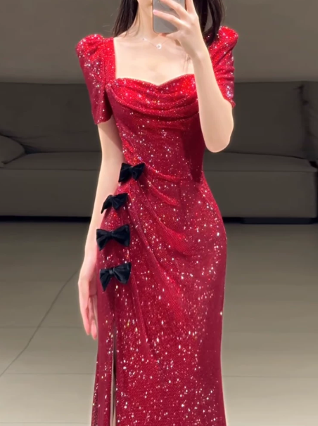 Elegant Red Sequins Prom Dress ,Mermaid Square High-slit Bodycon Maxi Party Dress RS1013