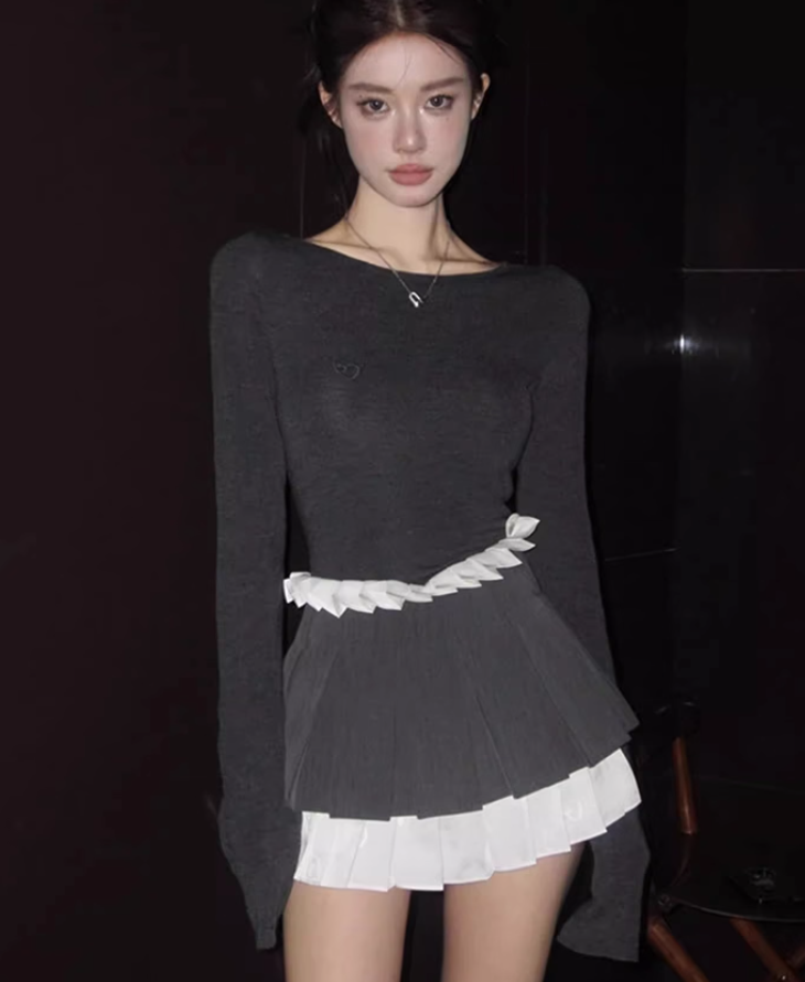 High-grade long-sleeved knitted bottoming shirt 2025 large size gray and white pleated skirt suit R1304