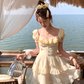 Yellow square neck puff sleeve waist dress summer French retro temperament skirt R4869
