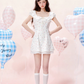 Petal Neck Waist Short Sleeve Cotton Printed Polka Dot Dress R5255