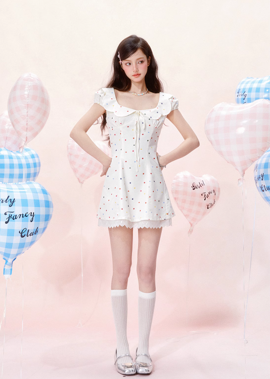Petal Neck Waist Short Sleeve Cotton Printed Polka Dot Dress R5255