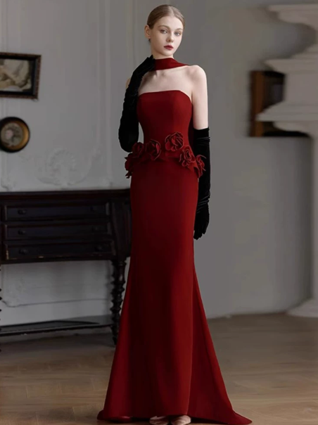 Elegant Burgundy Prom Dress ,Mermaid Strapless Applique Bodycon Maxi Evening Dress RS1015