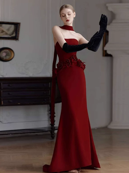 Elegant Burgundy Prom Dress ,Mermaid Strapless Applique Bodycon Maxi Evening Dress RS1015