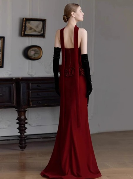 Elegant Burgundy Prom Dress ,Mermaid Strapless Applique Bodycon Maxi Evening Dress RS1015