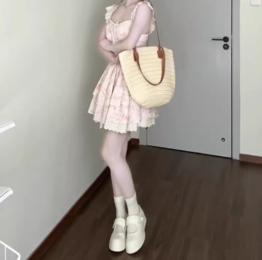 Gentle style pink floral dress beautiful waist A-line tutu skirt R0736