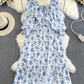 Gentle style long sleeves square neck waist slimming slit A-line print dress elegant long skirt R0355