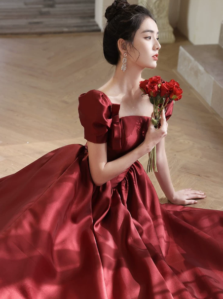 Elegant Burgundy Prom Dress ,A-Line Square Puff Sleeves Bodycon Maxi Evening Dress RS1018