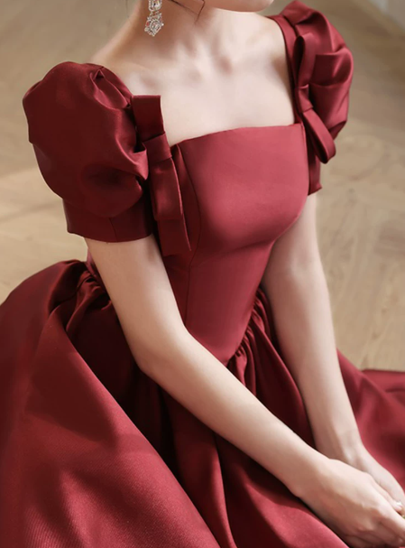 Elegant Burgundy Prom Dress ,A-Line Square Puff Sleeves Bodycon Maxi Evening Dress RS1018